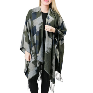 Olive Green Abstract Patterned Southwest Wrap with Fringe Detailing