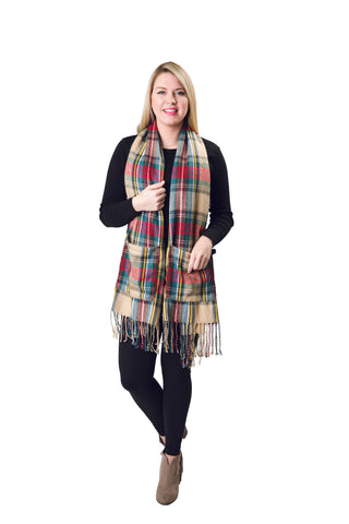 camel tartan plaid scarf wrap with pockets and fringe detailing