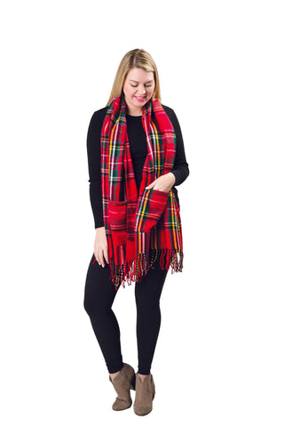red tartan plaid scarf wrap with pockets and fringe detailing