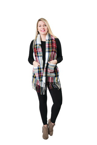 white tartan plaid scarf wrap with pockets and fringe detailing