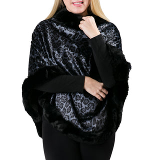 Black and blue leopard print faux fur trim poncho shawl with plush lining 