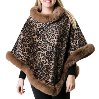 Black and camel leopard print faux fur trim poncho shawl with plush lining 