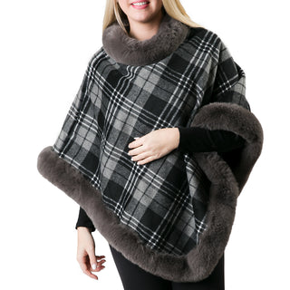 Faux fur trim poncho shawl with plush lining in gray, black and white  plaid