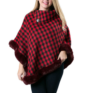 Red and black check plaid poncho with red faux fur trim