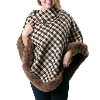 Taupe and brown check plaid poncho with brown faux fur trim