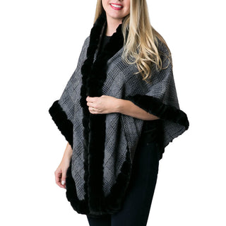 Black and gray plaid with black faux fur open wrap with hook for closure