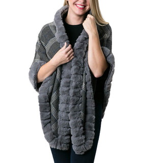 Black and gray plaid with gray faux fur open wrap with hook for closure