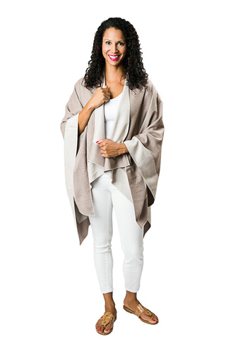 khaki and cream reversible ruana in buttery soft cashmere-like knit