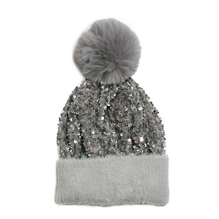Gray Sequins Hat with Detachable Pom Pom
