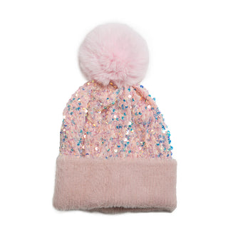 Light Pink Sequins Hat with Detachable Pom Pom