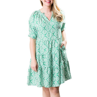 Green Damask short sleeve tiered dress