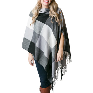 black and white check plaid wrap shawl with buttons