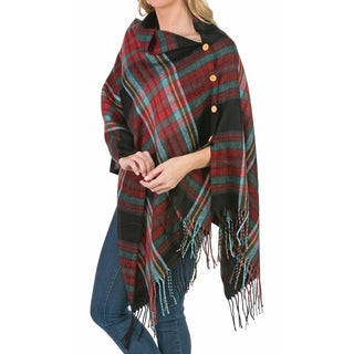 Black Multi  plaid wrap shawl with buttons and fringe