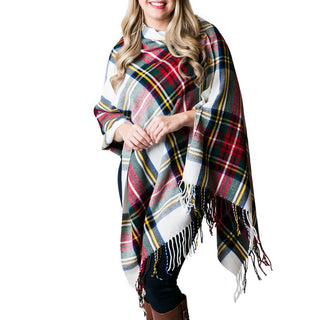 white tartan plaid wrap shawl with buttons and fringe