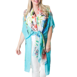 Turquoise and Multi colored floral printed long, one size Kimono