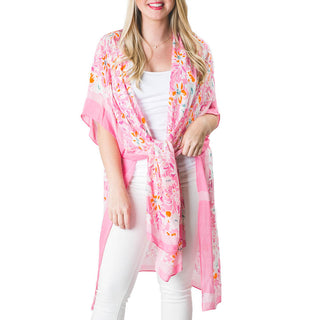 Pinks and Orange floral print 100% Viscose one size Kimono