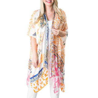Pinks, Oranges and Blues print 100% Viscose one size Kimono