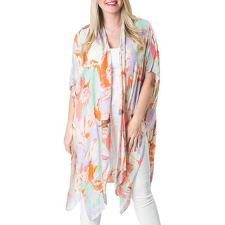 Multi pastel colored large floral print 100% Viscose one size Kimono