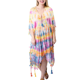 viscose tie-dye cover-up with tassels in multi color print 