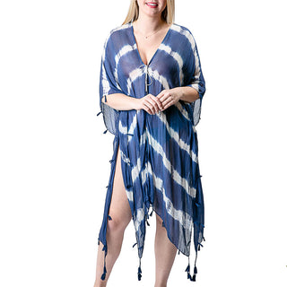 viscose tie-dye cover-up with tassels in nay and white print