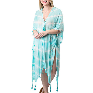 viscose tie-dye cover-up with tassels in turquoise and white print