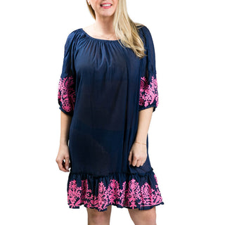 Navy and Pink Embroidered Tunic Dress