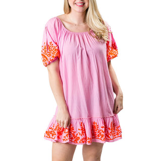 Pink and Orange Embroidered Tunic Dress