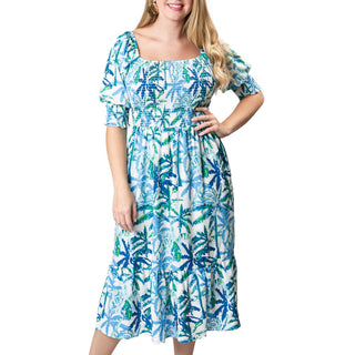 Green and Blue Palm Trees Tiered, Smocked Dress 