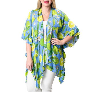 ruffle kimono with limes and flowers on light blue
