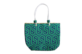 Green and Navy Geometric Tote Bag with inner zip pocket