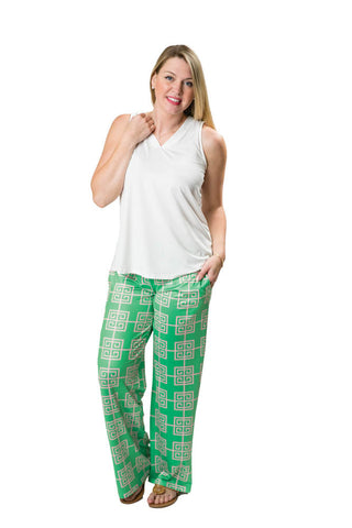 Green with pink Greek print wide-legged palazzo pants with drawstring waist and two side pockets