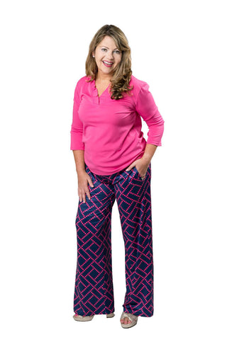 Navy with hot pink diamond geometric print wide-legged palazzo pants with drawstring waist and two side pockets