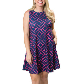 Navy and Pink Diamond A-line Dress with Pockets