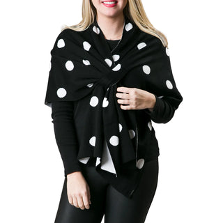 black and white polka dot knit wrap shawl with keyhole closure