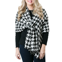 black and white houndstooth knit wrap shawl with keyhole closure