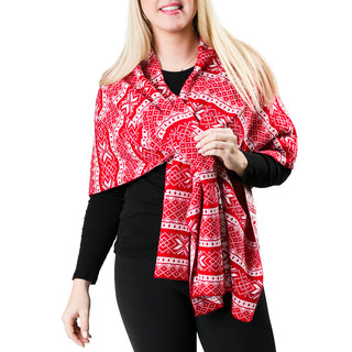 red and white alpine print knit wrap shawl with keyhole closure