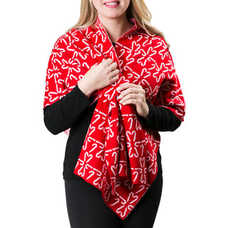 red with white candy canes print knit wrap shawl with keyhole closure