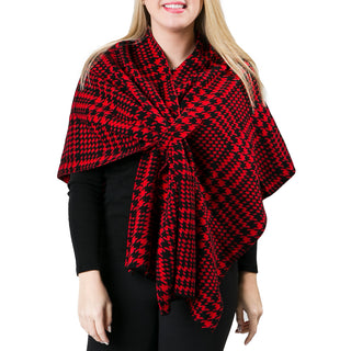 red and black glen plaid knit wrap shawl with keyhole closure