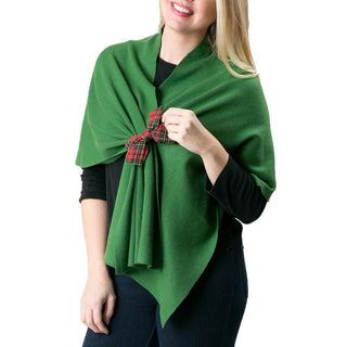forest green kaden knit keyhole wrap with red and green plaid bow