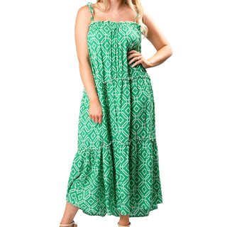 Green and white octagon print maxi tiered dress with tie-string straps