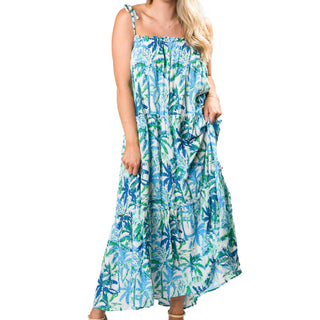 Green and blue palm tree print maxi tiered dress with tie-string straps