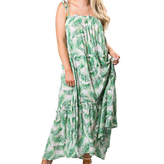 Palm frond print maxi tiered dress with tie-string straps