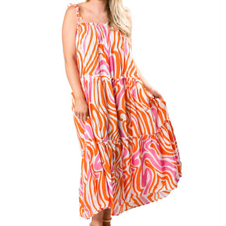 Pink and orange ripple print maxi tiered dress with tie-string straps