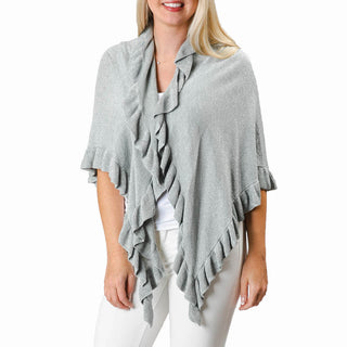Metallic Silver 100% cotton one size wrap with ruffle detailing with white jeans