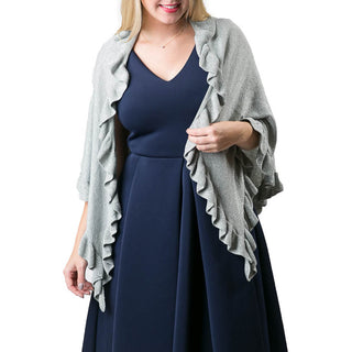 Metallic Silver 100% cotton one size wrap with ruffle detailing with navy dress