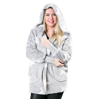 gray with white stars sherpa wrap jacket with pockets and hood with hood up