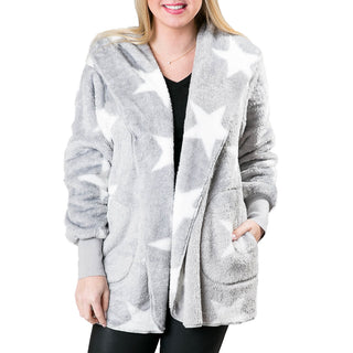 gray with white stars sherpa wrap jacket with pockets and hood