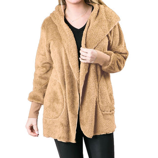 camel sherpa wrap jacket with pockets and hood