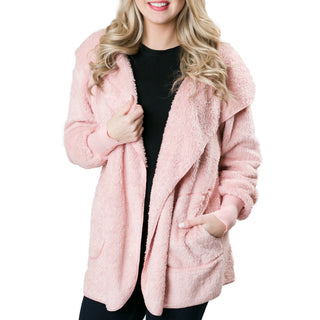 pink sherpa wrap jacket with pockets and hood