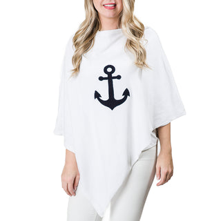 White One Size Poncho with Cable Knit Navy Anchor